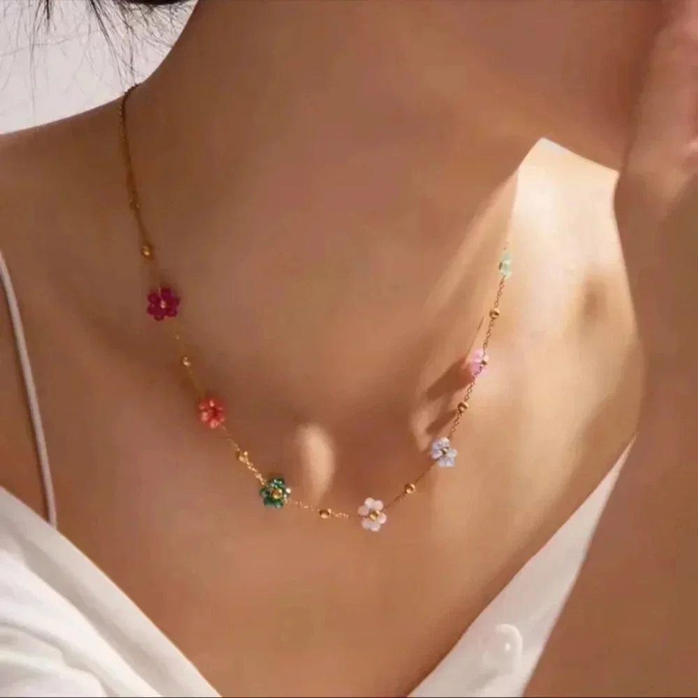 Flower Stainless Steel 18K Gold Waterproof Bead Flower Necklace Bracelet Set